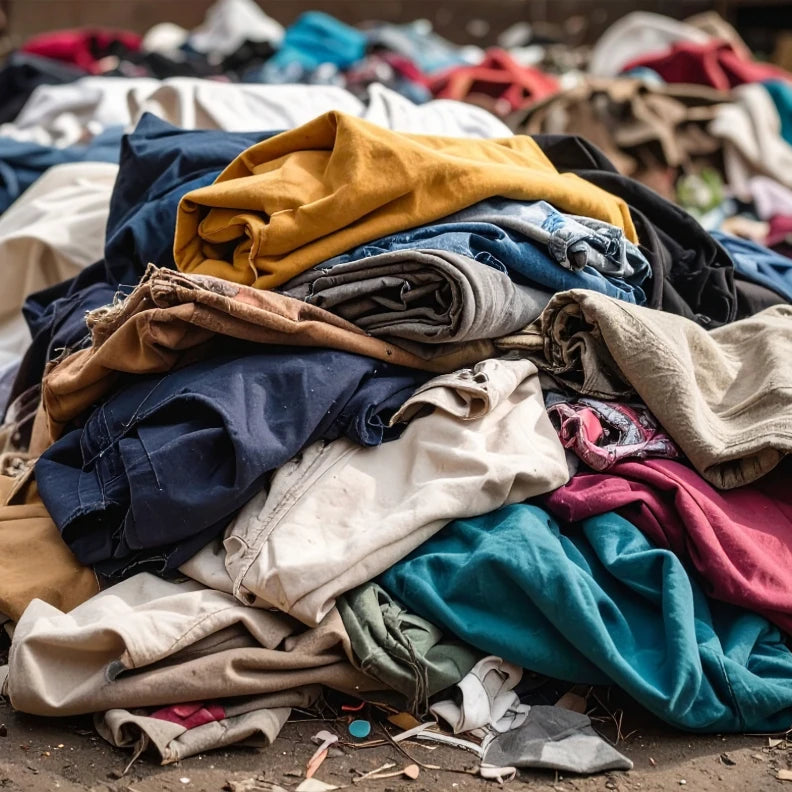 Ein grosser Haufen ausrangierter Kleidung in verschiedenen Farben und Materialien. Das Bild symbolisiert die Textilabfälle der Modeindustrie und unterstreicht Twelvetias Engagement für Recycling, Wiederverwendung und nachhaltige Produktion.