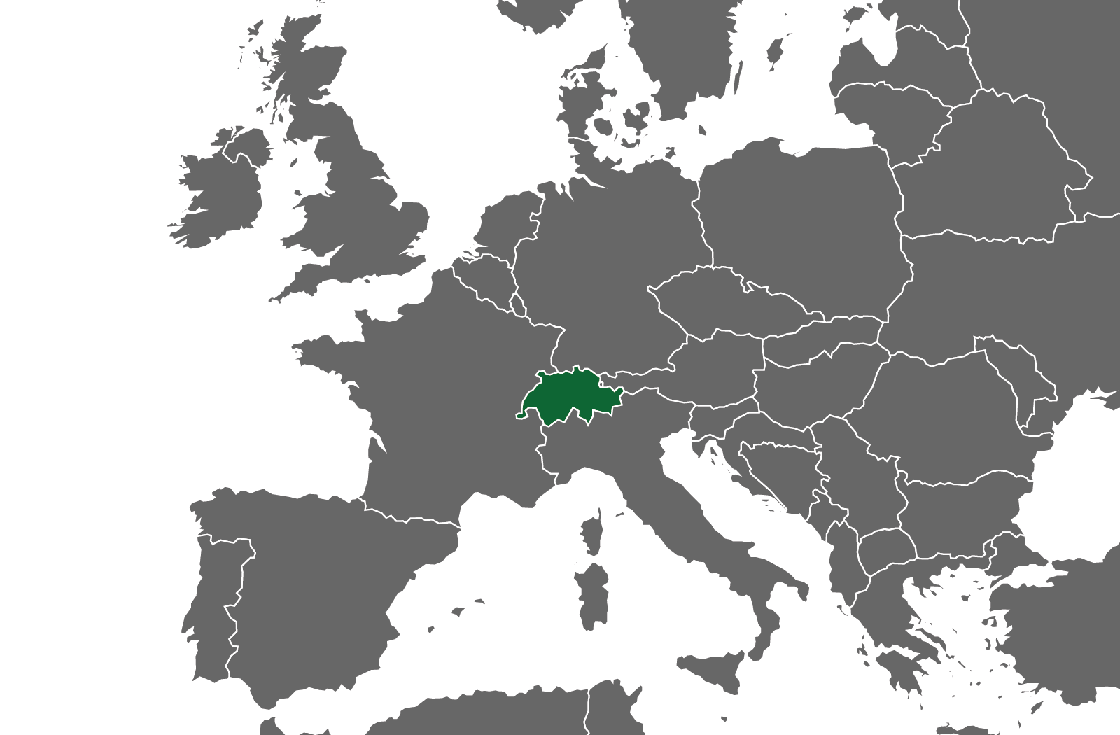 Europa-Karte mit grau dargestellten Ländern; die Schweiz ist grün hervorgehoben als derzeit einzig unterstütztes Land. Weitere Länder werden grün markiert, sobald Unterstützung durch Twelvetia verfügbar ist.