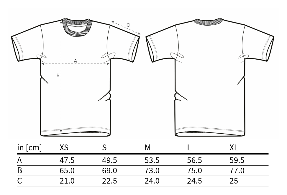 Illustration eines unisex Twelvetia T-Shirts von vorne und hinten mit eingezeichneten Dimensionen A, B und C, die Brustumfang, Länge und Ärmellänge zeigen. Unter der Illustration befindet sich eine Tabelle mit den Standardmassen für die Grössen XS, S, M, L und XL.