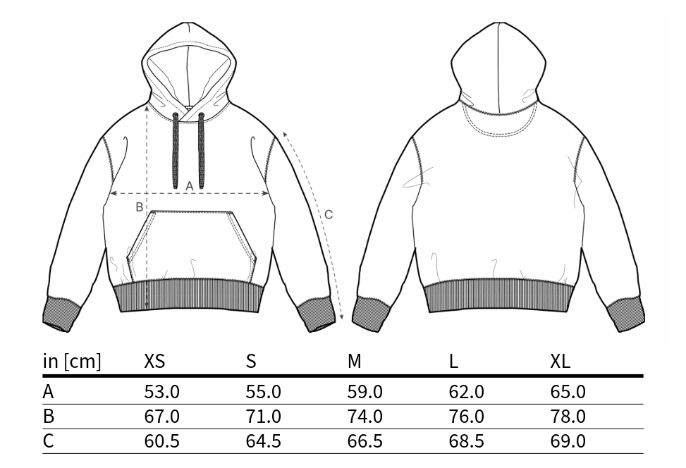 Illustration eines Twelvetia Kapuzenpullovers von vorne und hinten mit eingezeichneten Dimensionen A, B und C, die Brustumfang, Länge und Ärmellänge zeigen. Unter der Illustration befindet sich eine Tabelle mit den Standardmassen für die Grössen XS, S, M, L und XL.