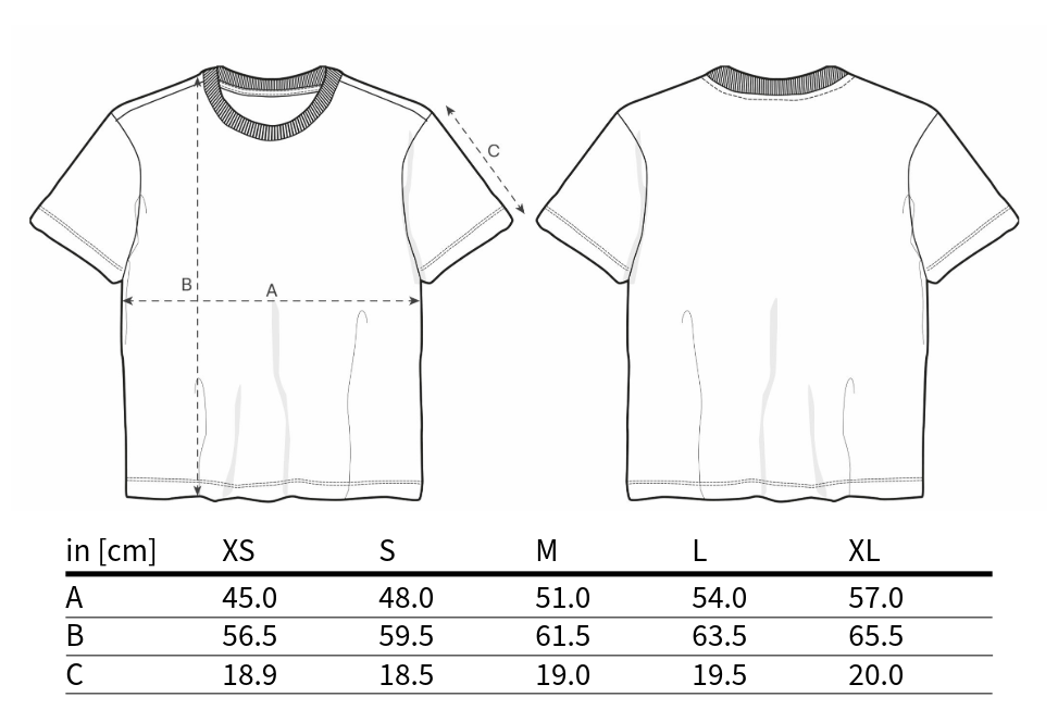 Illustration eines Twelvetia Damen T-Shirts von vorne und hinten mit eingezeichneten Dimensionen A, B und C, die Brustumfang, Länge und Ärmellänge zeigen. Unter der Illustration befindet sich eine Tabelle mit den Standardmassen für die Grössen XS, S, M, L und XL.